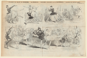 Eine Buchseite mit einer Zeichnung einer Gruppe von Menschen, die energisch im Einklang tanzen, mit begleitendem Text zu Datum, Uhrzeit und Ort des Ereignisses.