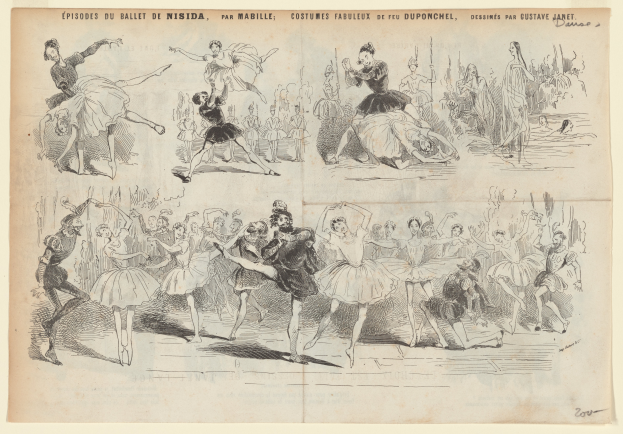 Eine Buchseite mit einer Zeichnung einer Gruppe von Menschen, die energisch im Einklang tanzen, mit begleitendem Text zu Datum, Uhrzeit und Ort des Ereignisses.