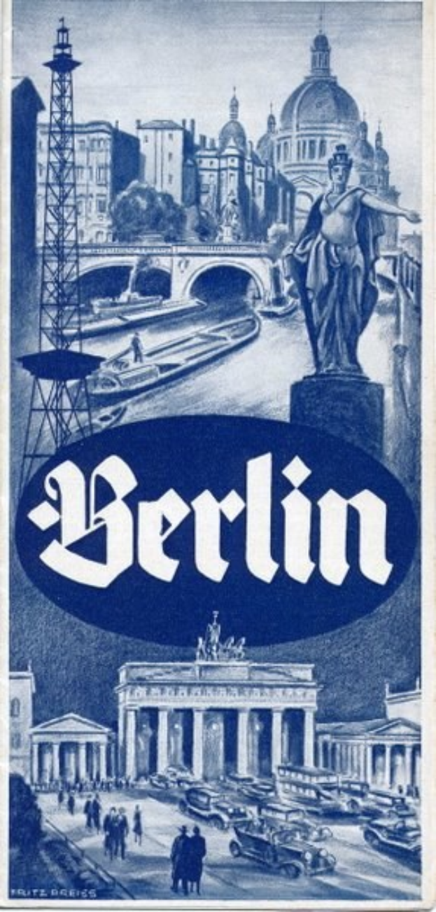 Plakatwerbung Berlin, Deutschland, mit einer Statue, Gebäuden, einem Turm, Menschen, Fahrzeugen auf der Straße und einer Brücke mit Textinformationen zur Stadt.