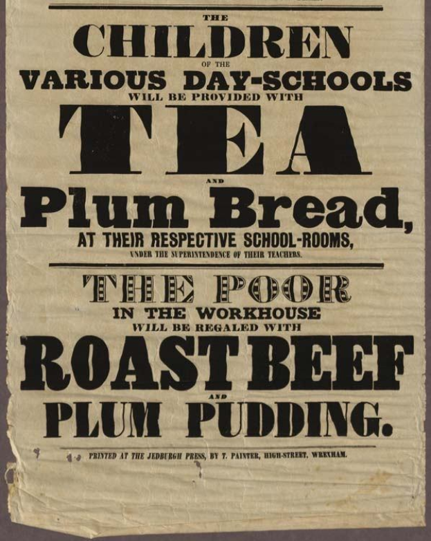 Ein Blatt mit der Aufschrift "Die Kinder der verschiedenen Tagesschulen werden mit Tee, Pflaumenbrot und Rinderbraten und Pflaumenpudding versorgt."