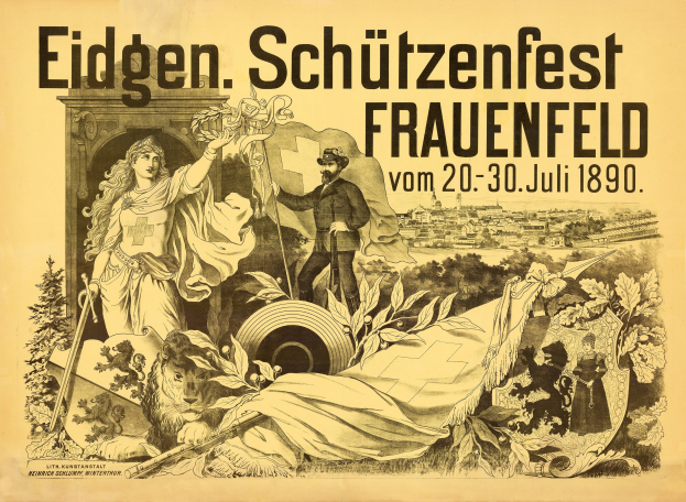 Plakat zum Eidgen Schützenfest in Frauenfeld, Deutschland, mit einem Mann im Anzug und einer Frau im Kleid nebeneinanderstehend und Textdetails zum Event.