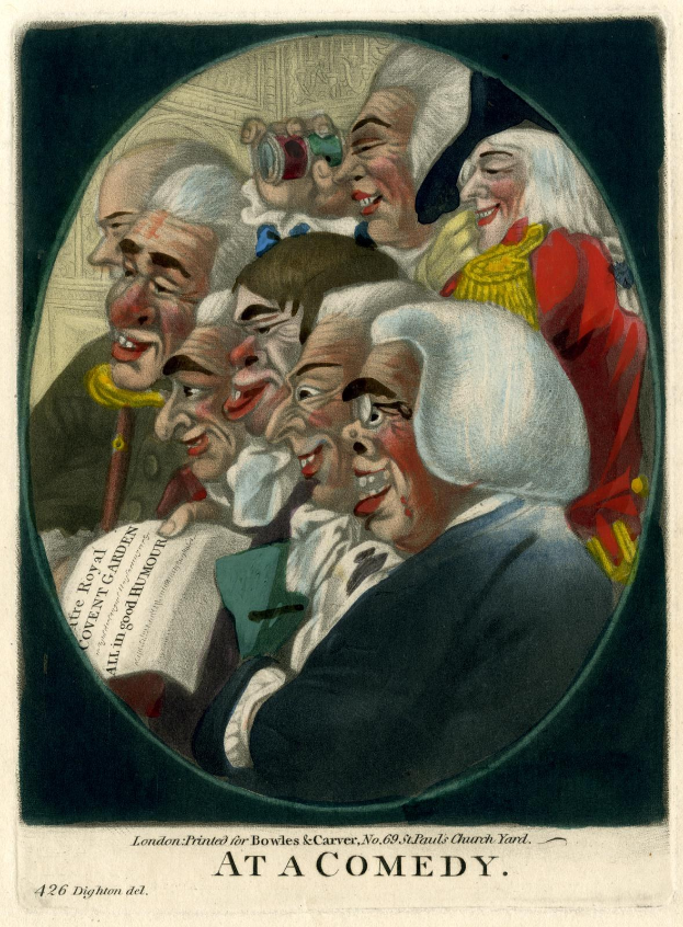 Gruppe von Menschen in einem Kreis lachend, einer hält ein Papier, mit 'Bei einer Komödie' Text unten.