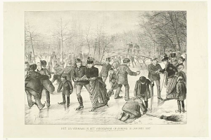 Gruppe von Menschen beim Eislaufen auf einem zugefrorenen Teich in einem Park mit Bäumen und einer Brücke im Hintergrund, beschriftet mit "Het us-vermaak in het vondelpark op zondag 10 januari 1887".