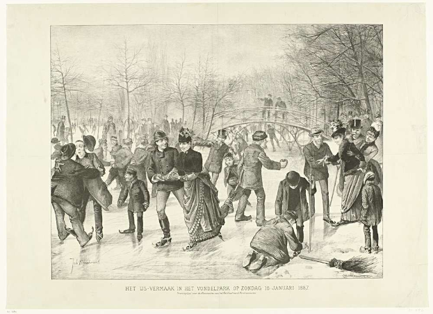 Gruppe von Menschen beim Eislaufen auf einem zugefrorenen Teich in einem Park mit Bäumen und einer Brücke im Hintergrund, beschriftet mit "Het us-vermaak in het vondelpark op zondag 10 januari 1887".