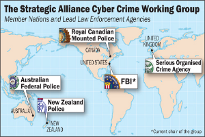 Eine bunte Karte der Strategic Alliance Cyber Crime Working Group mit Logos und Namen verschiedener Organisationen, die in einem Kreis um die Karte angeordnet sind, alles in fetter schwarzer Schrift.