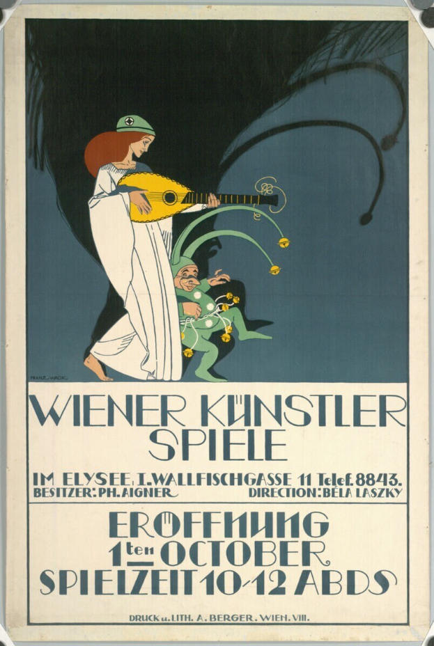 Plakat für ein Konzert in Wien, ├ľsterreich, mit einer Frau, die ein Musikinstrument spielt und Text.