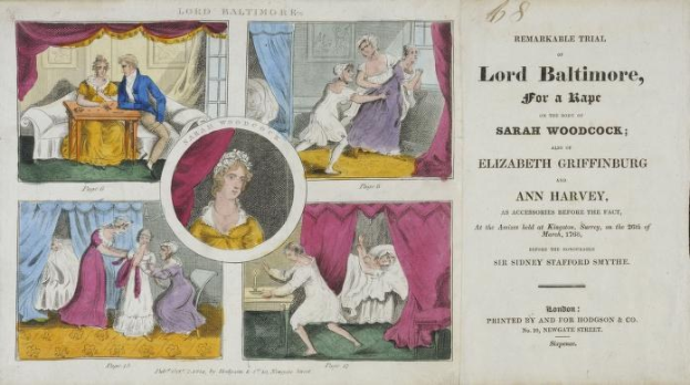 Eine historische Illustration, die eine Gerichtsszene mit Porträts, Vorhängen und Text auf einem Papier zeigt.