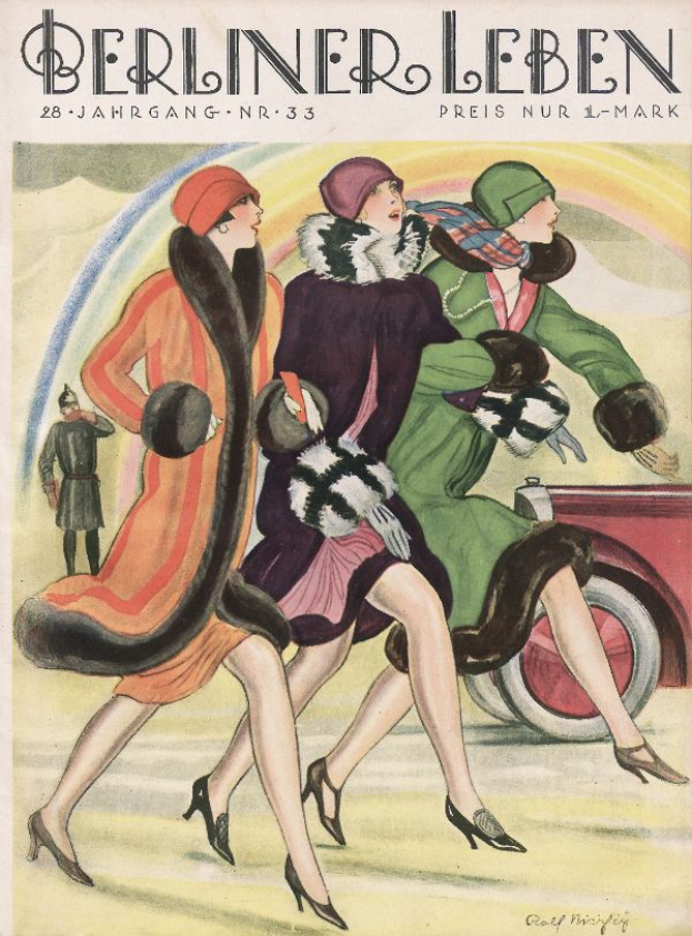 Ein Plakat einer Berliner Leben-Zeitschrift von Februar 1933, das drei Frauen in bunten Kleidern und Hüten zeigt, die auf einer Straße gehen, mit einem Auto und einer Person im Hintergrund und Text auf dem Plakat.
