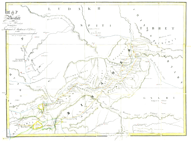 Eine 19. Jahrhundert-Karte des britischen Empire, die die Himalaya-Gebirgskette hervorhebt, mit detaillierten Textanmerkungen.
