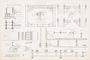 Ein detailliertes Bild einer Eisenbahnbrücke in einem Buch, das ihre Bögen, Träger und andere konstruktive Merkmale zeigt, mit begleitendem Text zur Beschreibung ihrer Konstruktion.