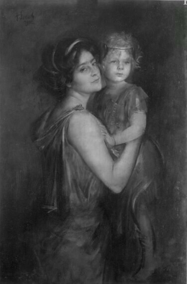 Schwarzes und wei├čes Portr├Ąt einer Frau, die ein Kind mit sanftem Ausdruck h├Ąlt, das Kind schaut mit zufriedener Miene nach oben, Text unten lautet "Mutter und Kind".