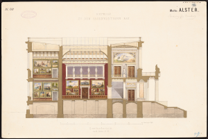 Ein detailliertes Bild eines Opernhauses von außen, verziert mit Fenstern, Türen, Säulen und bunten Malereien, die das Innere zeigen, begleitet von beschreibendem Text.