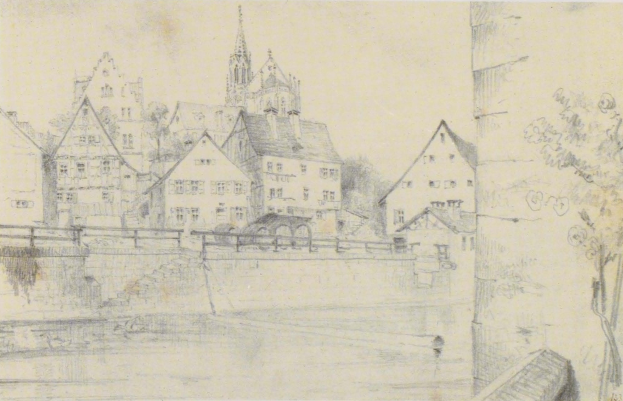 Bleistiftzeichnung mit dem Titel "Nürnberg, Deutschland" von Joseph Mallord William Turner, die eine Stadtansicht mit einem Fluss, Gebäuden, Bäumen und einer Brücke zeigt.