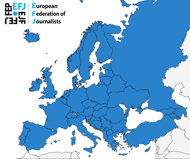 Eine Europakarte, die die Europäische Journalisten-Föderation (EFJ) in Blau hervorhebt, mit zusätzlichem Text.