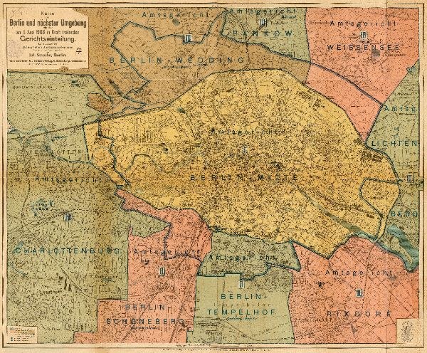 Ein detaillierter alter Stadtplan von Berlin, Deutschland, mit Straßen, Gebäuden und Sehenswürdigkeiten, primarily in shades of blue, green, and yellow.