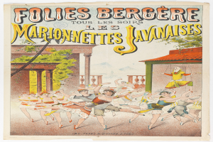 Ein Plakat, das eine Tanzshow in Paris ankündigt, zeigt im Vordergrund eine Gruppe von Menschen, die tanzen, im Hintergrund ein Gebäude, Bäume und Himmel, sowie Text.