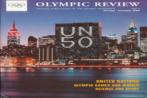 Ein Buch mit dem Titel "Olympische Spiele - Offizielle Veröffentlichung der Olympischen Bewegung" mit einer Stadtansicht auf dem Cover, das auf einer flachen Oberfläche liegt.