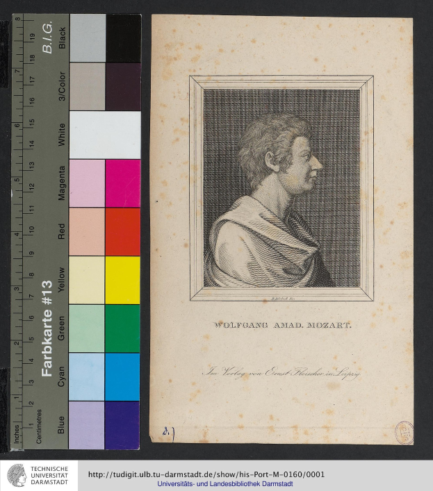 Porträt von Wolfgang Amadeus Mozart mit ernstem und nachdenklichem Gesichtsausdruck, kurzem dunklen Haar und direktem Blick auf den Betrachter.