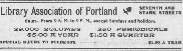 Eine Schwarz-Weiß-Anzeige in einer Zeitung für die Bibliothek Portland, mit Text.