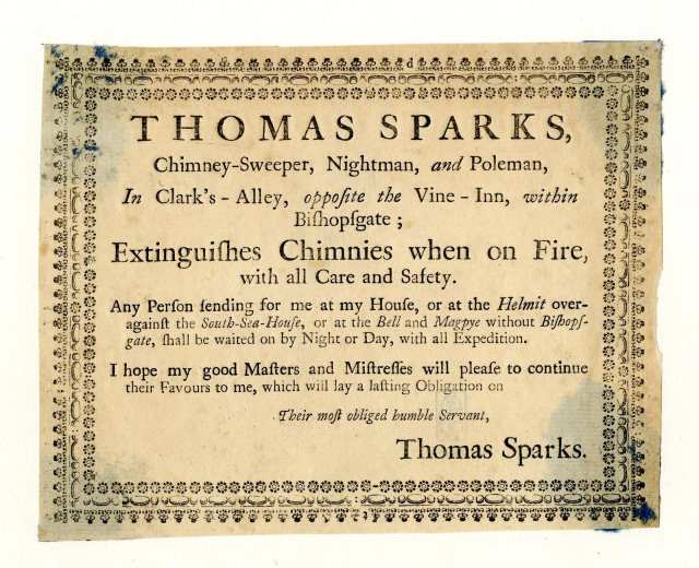 Papier mit gedrucktem Text, der die Schornsteinfegerdienste von Thomas Sparks bewirbt, einschließlich Feuerlöschung, befindet sich in Clark's Alley gegenüber dem Vine-Inn in Bishopsgate.