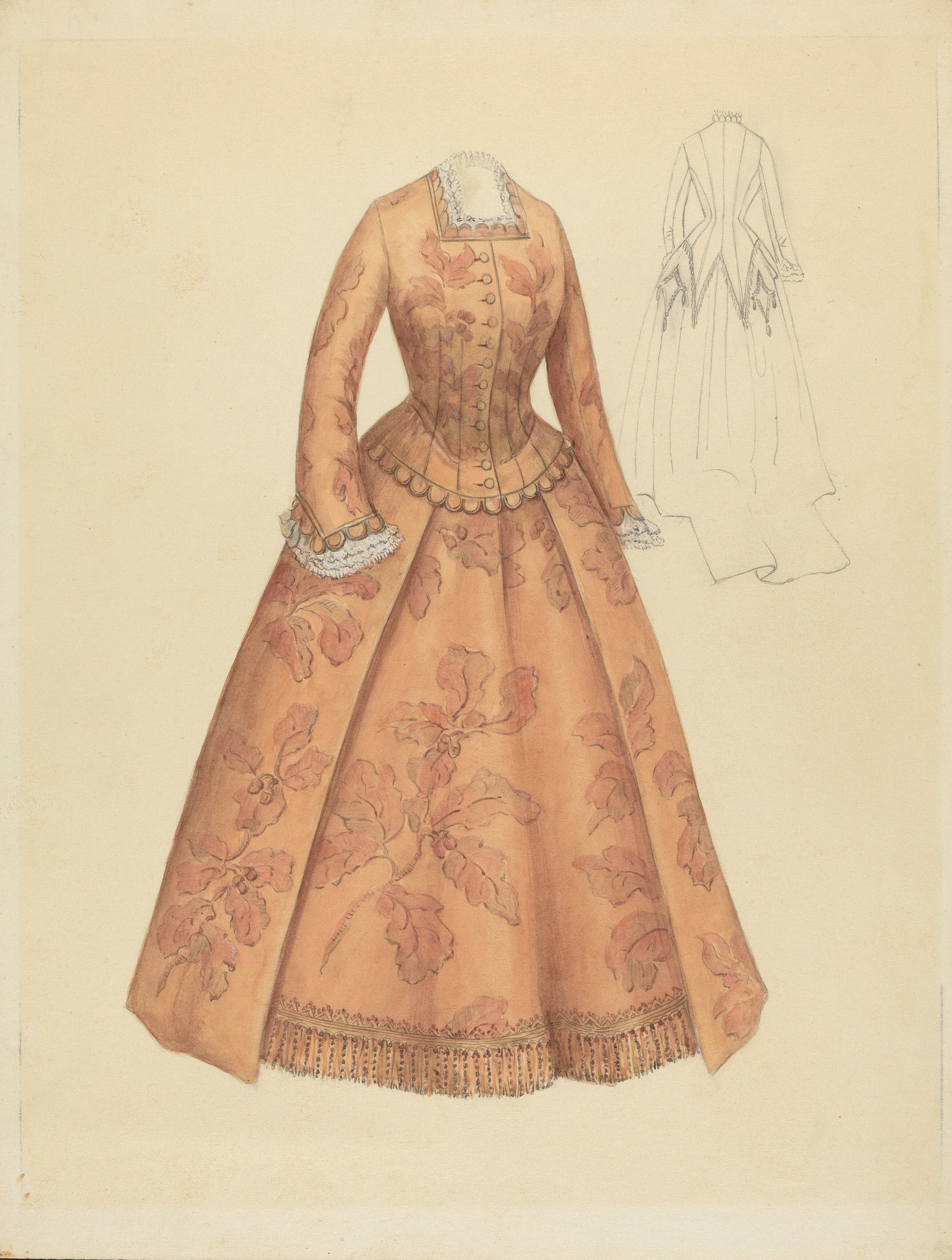 Ein detailliertes Kostümdesign aus dem 18. Jahrhundert, das ein langes, hochgeschlossenes Kleid mit einem floral gemusterten Mieder in Rosa, Lila und Blau zeigt, sowie einen langen Rock mit Spitzenbesatz auf einem hellblauen Hintergrund.