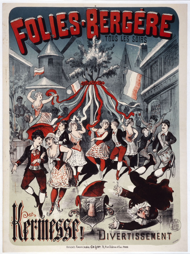 Plakat für das Folies-Bergère-Festival in Paris mit Tänzern im Vordergrund und Gebäuden, Flaggen und einem Baum im Hintergrund sowie französischem Text oben und unten.