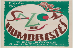 Ein Plakat, das ein Humoristentreffen in Paris ankündigt und Text enthält, der die Angebote des Treffens beschreibt.