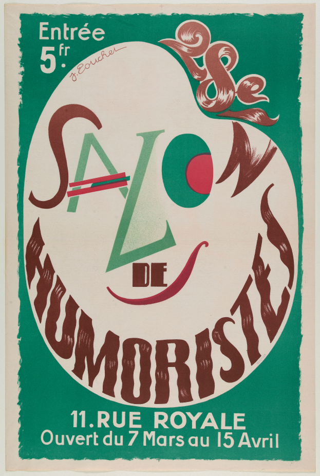 Ein Plakat, das ein Humoristentreffen in Paris ankündigt und Text enthält, der die Angebote des Treffens beschreibt.